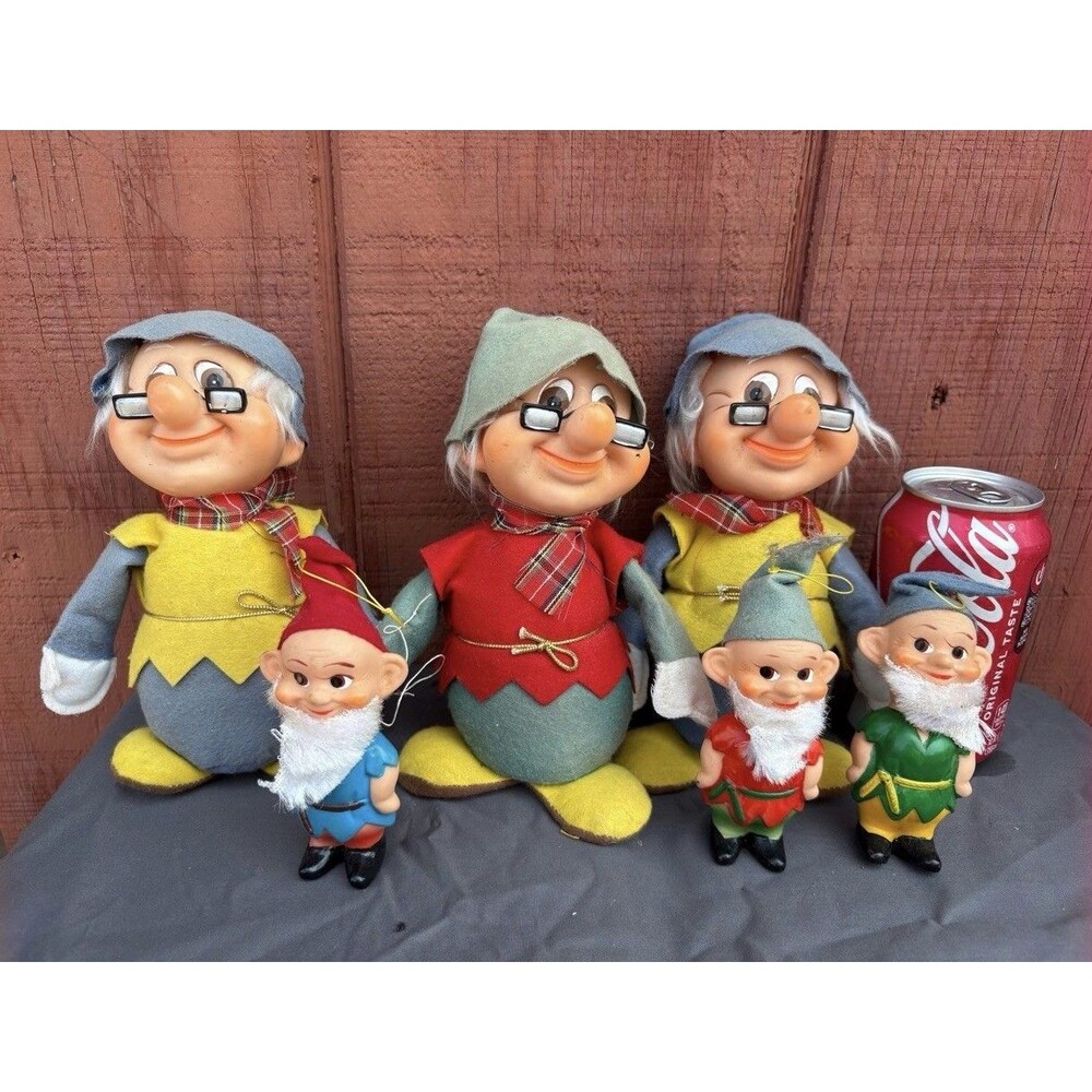 Vintage Christmas Gnome & Dwarf Felt Dolls Japan Lot Mid Century Holiday Decor